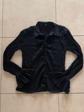 Women’s Vintage Sheer Black Pleated Button-Down Women's Top